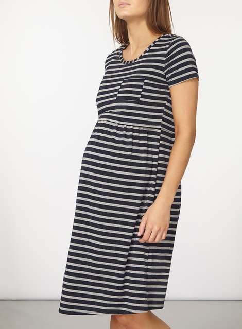 **Nursing Maternity Navy and Grey Stripe Skater Dress